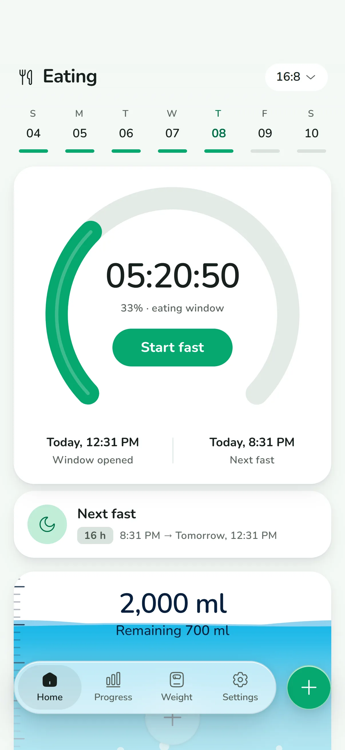 Eating window screen counting down 5 hours 20 minutes with the next fast at 8:31 PM