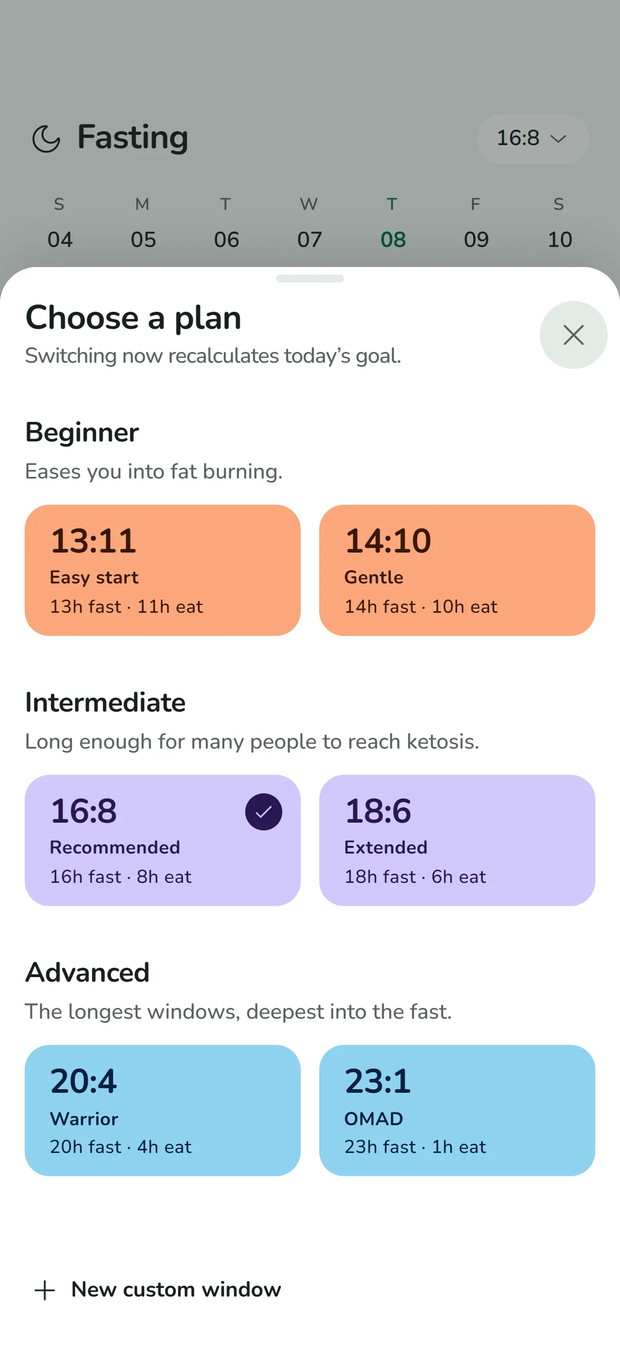 Plan picker with 13:11, 14:10, 16:8, 18:6, 20:4 and 23:1 fasting plans