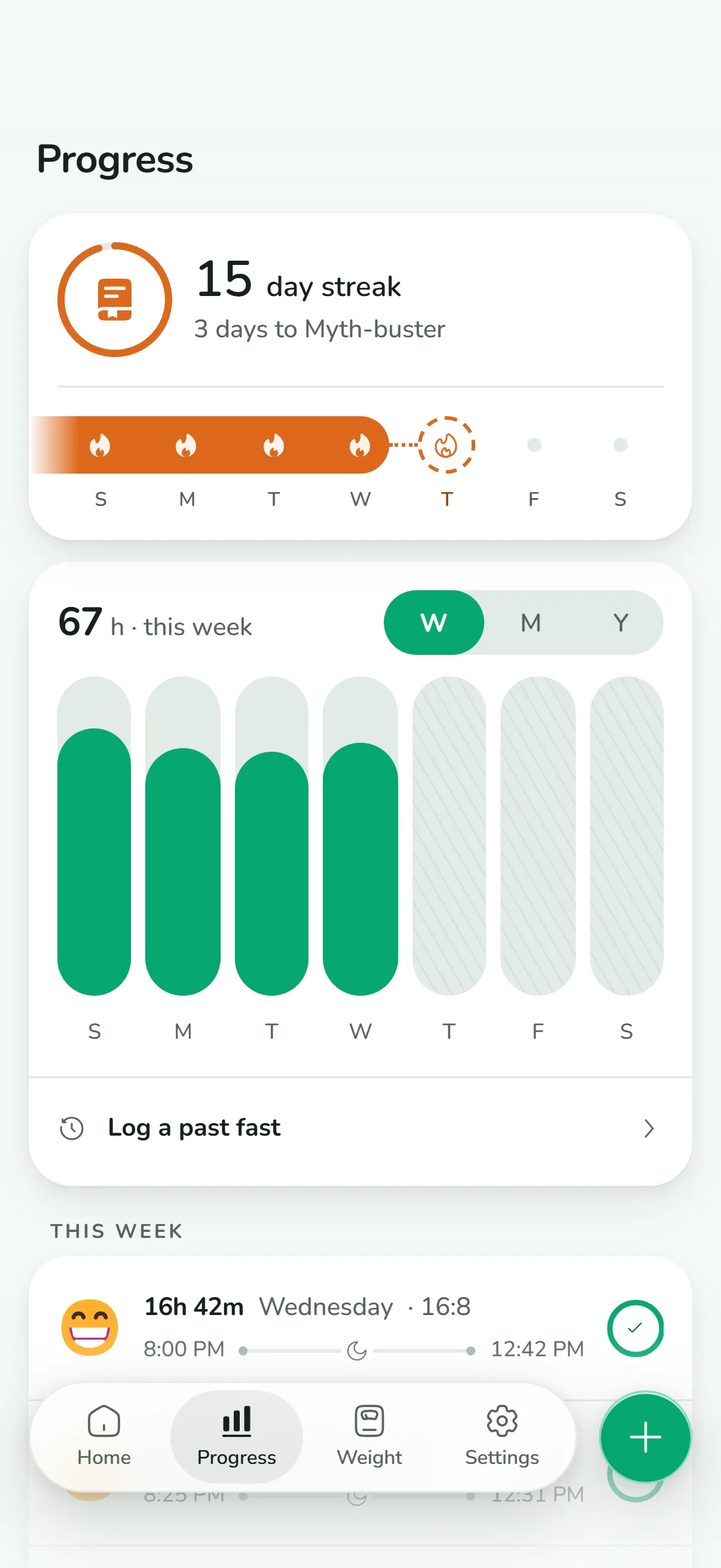 Progress screen with a 15 day streak and 67 hours fasted this week